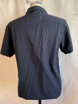 Mens, Casual Shirt, CK, Black, Dk Gray, White, Cotton, Stripes - Vertical , M, Black with Faint Dark Gray Vertical Stripes with Broken Faint Double White Vertical Stripes, Collar Attached, Button Front, 2 Pockets with Flap Short Sleeves, Curved Hem