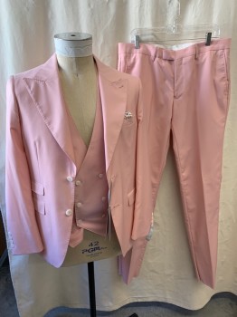 Mens, Suit, Jacket, ROSSI MAN, Baby Pink, Polyester, Rayon, Solid, 42S, Peak Lapel, Single Breasted, Button Front, 2 Buttons, 4 Pockets, Handkerchief Attached to Breast Pocket
