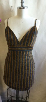 Womens, Cocktail Dress, GOODTIME USA, Gold, Black, Purple, Pink, Teal Blue, Acrylic, Polyester, Stripes - Vertical , S, Sparkling, Spaghetti Straps, Zip Back, Solid Beige Lining