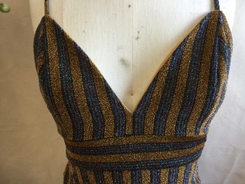 Womens, Cocktail Dress, GOODTIME USA, Gold, Black, Purple, Pink, Teal Blue, Acrylic, Polyester, Stripes - Vertical , S, Sparkling, Spaghetti Straps, Zip Back, Solid Beige Lining