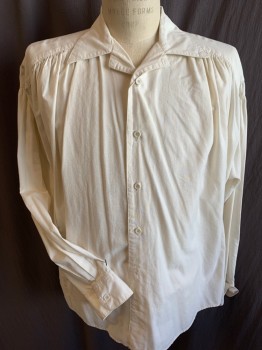 PAUL SAMUEL, Cream, Cotton, Solid, Collar Attached, Gathered Yoke Front & Back, Partially Button Front, Long Sleeves, Curved Hem