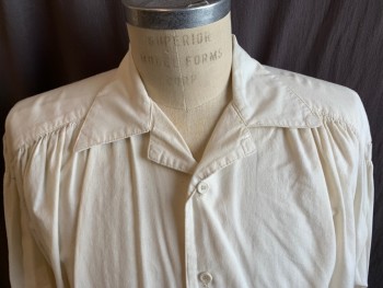Mens, Historical Fiction Shirt, PAUL SAMUEL, Cream, Cotton, Solid, S, Collar Attached, Gathered Yoke Front & Back, Partially Button Front, Long Sleeves, Curved Hem