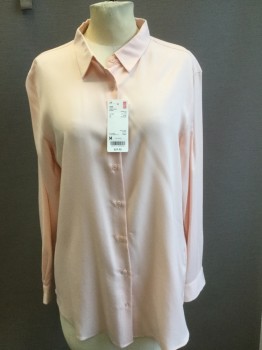 UNIQLO, Blush Pink, Rayon, Polyester, Solid, Collar Attached, Button Front, Long Sleeves,