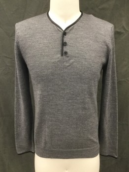 Mens, Pullover Sweater, THE KOOPLES, Heather Gray, Wool, S, 3 Button Front, Black Leather Trim, Slight V-neck, Long Sleeves, Black Leather Sleeve Hem Trim with Placket, Ribbed Knit Waistband