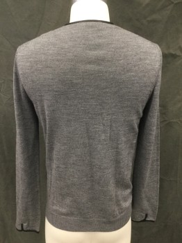 Mens, Pullover Sweater, THE KOOPLES, Heather Gray, Wool, S, 3 Button Front, Black Leather Trim, Slight V-neck, Long Sleeves, Black Leather Sleeve Hem Trim with Placket, Ribbed Knit Waistband
