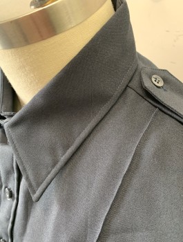 LIBERTY, Navy Blue, Polyester, Solid, Long Sleeves, Button Front, Collar Attached, 2 Pockets with Button Flap Closures, Epaulets at Shoulders