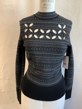 Womens, Pullover, BAILEY 44, Black, Gray, Viscose, Polyurethane, Stripes, M, Diamond/Zig Zag Stripes, Cut Outs Across Chest, Solid Black 4.5" Waistband, Solid Black Cuff
