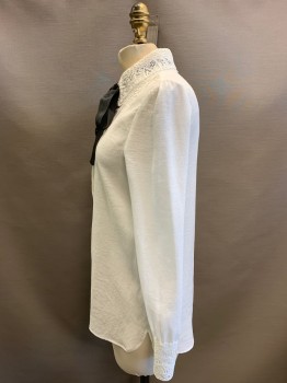 Womens, Blouse, MAJE, White, Polyester, Solid, 1, XS, B34, Button Front, Long Sleeves, Lace Insert, Collar & Cuffs, Black Silky Tie,