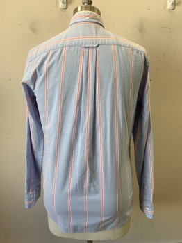 Mens, Casual Shirt, BROOKS BROTHERS, Lt Blue, Red, White, Cotton, Stripes, M, L/S, Button Front, Collar Attached, Chest Pocket
