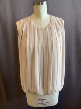 Womens, Blouse, CALVIN KLEIN, Beige, Polyester, Solid, S, Round Neck, Slvls, Pleated Front, Billowy Hem, Keyhole Back,