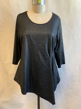 Womens, Top, LANE BRYANT, Black, Silver, Polyester, Rayon, Speckled, 18/20, Black with Silver Sparkles, Scoop Neck, 3/4 Sleeve, Off Center Waist Pleats, Asymmetrical Hem