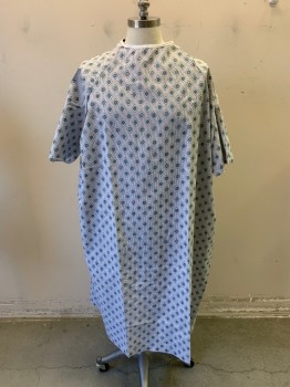 Unisex, Patient Gown, N/L, White, Gray, Steel Blue, Poly/Cotton, Diamonds, Stripes, O/S, Tie Back, 3 Ties