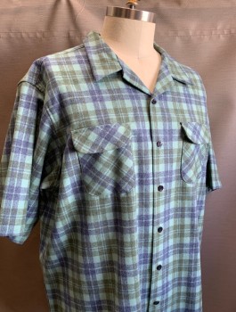 PENDLETON, Aqua Blue, Royal Blue, Olive Green, Wool, Plaid, Flannel, Short Sleeves, Button Front, Collar Attached, 2 Patch Pockets with Flaps