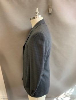 TED BAKER, Dk Gray, Silver, Wool, Grid , 3 Button Single Breasted  Notch Lapel