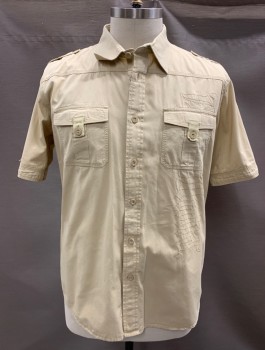 Mens, Casual Shirt, ECKO, Tan Brown, Cotton, Solid, XL, S/S, B.F., Epaulets, Chest Pockets With Flaps And Buttons, Button Closure On Sleeves, Large Back Embroidery
