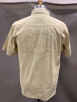 Mens, Casual Shirt, ECKO, Tan Brown, Cotton, Solid, XL, S/S, B.F., Epaulets, Chest Pockets With Flaps And Buttons, Button Closure On Sleeves, Large Back Embroidery