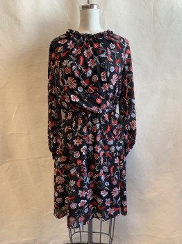 Womens, Dress, Long & 3/4 Sleeve, BANANA REPUBLIC, Black, Red, White, Salmon Pink, Polyester, Floral, 4P, Ruffle Collar, Draped Top to Side Self Tie, Elastic Waist, Hem Above Knee, Peasant Sleeve with Elastic Cuff, Button Keyhole Back