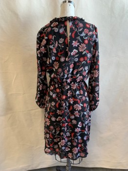 Womens, Dress, Long & 3/4 Sleeve, BANANA REPUBLIC, Black, Red, White, Salmon Pink, Polyester, Floral, 4P, Ruffle Collar, Draped Top to Side Self Tie, Elastic Waist, Hem Above Knee, Peasant Sleeve with Elastic Cuff, Button Keyhole Back