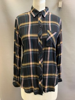 Womens, Blouse, RAILS, Black, Dk Green, Ballet Pink, Mustard Yellow, Rayon, Plaid, XS, L/S, Button Front, Collar Attached,