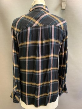 Womens, Blouse, RAILS, Black, Dk Green, Ballet Pink, Mustard Yellow, Rayon, Plaid, XS, L/S, Button Front, Collar Attached,
