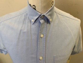 Mens, Casual Shirt, TOPMAN, Lt Blue, Cotton, Solid, S, Short Sleeves, Button Front, Button Down Collar, 1 Pocket,