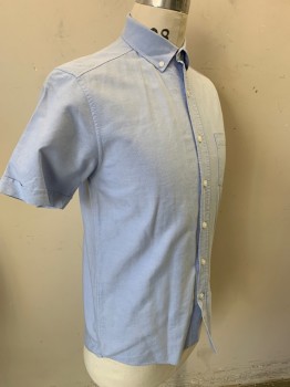 Mens, Casual Shirt, TOPMAN, Lt Blue, Cotton, Solid, S, Short Sleeves, Button Front, Button Down Collar, 1 Pocket,