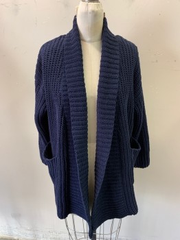 Womens, Sweater, FOREVER 21, Navy Blue, Polyester, Solid, S, Long Sleeves, Shawl Collar, 2 Patch Pocket,  Oversized Rib Knit, Side Vents **Unraveling at Hem and Sleeve