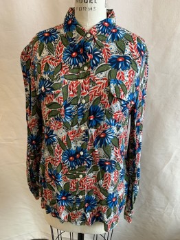Womens, Blouse, LUCKY BRAND, Green, White, Red-Orange, Blue, Rayon, Floral, Leaves/Vines , M, B.F., L/S, C.A., 2 Pckts, Box Pleat At Back