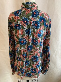 LUCKY BRAND, Green, White, Red-Orange, Blue, Rayon, Floral, Leaves/Vines , B.F., L/S, C.A., 2 Pckts, Box Pleat At Back