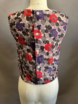 NL, Lt Gray, Gray, Black, Red-Orange, Plum Purple, Rayon, Floral, Round Neck, Button Back, Sleeveless, Belted Waist