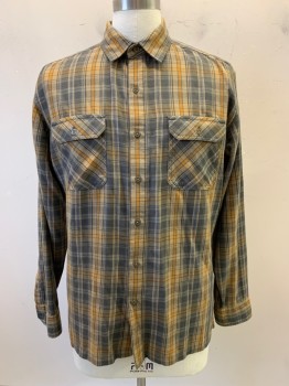 Mens, Casual Shirt, KUHL, Khaki Brown, Gray, Mustard Yellow, Dk Gray, Cotton, Tencel, Plaid, L, L/S, Button Front, Collar Attached, Pocket Chest