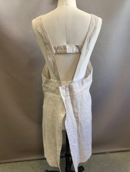 N/L, Oatmeal Brown, Linen, Solid, 1.5" Wide Straps That Cross in Back, 2 Patch Pockets, 2 Button Closures at Back Waist