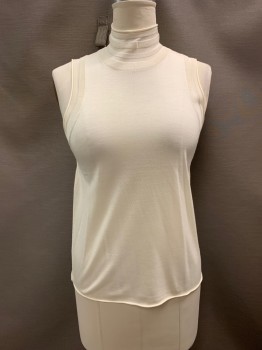 Womens, Top, THEORY, Cream, Wool, Silk, Solid, L, Mock Neck, Slvls, Stripes At Neck And Armscyes