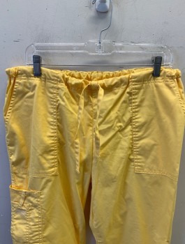 Womens, Scrub Pant Women, CHEROKEE, Yellow, Poly/Cotton, Spandex, Solid, Petite, M , Drawstring Waist, 2 Side Pockets And Several Cargo Pockets/Compartments At Hip
