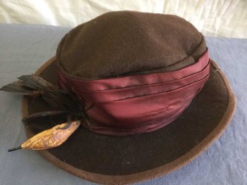 Womens, Hat 1890s-1910s, N/L, Brown, Red Burgundy, Beige, Wool, Feathers, Solid, Wool Felt, Burgundy Grosgrain Pleated Band, Flat Crown, 2.5" Brim, Brown Feather Detail, Made To Order Reproduction   **Formerly Had Bird Accessory, But Has Been Stripped Down/Damaged,