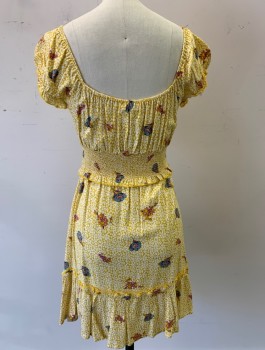 Womens, Dress, Short Sleeve, ALL IN FAVOR, Sunflower Yellow, White, Multi-color, Rayon, Floral, XS, Peasant Style Top, Elastic Square Neck with Self Ties, Elastic Arm Openings, Smocked Elastic Waist, Mini Length with Self Ruffle at Hem