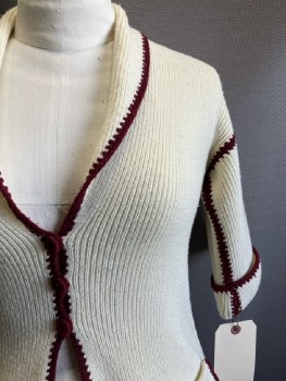 SWEATERS, Cream, Red Burgundy, Acetate, Solid, Shawl Collar, 3 Btns, S/S, 2 Pckts, Red Trim, Lettuce Hem