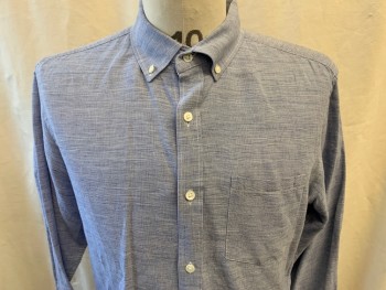 BANANA REPUBLIC, Lt Blue, White, Linen, Cotton, Heathered, Button Front, Long Sleeves, Button Down Collar Attached, 1 Pocket, Heathered Micro Weave