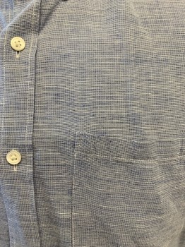 BANANA REPUBLIC, Lt Blue, White, Linen, Cotton, Heathered, Button Front, Long Sleeves, Button Down Collar Attached, 1 Pocket, Heathered Micro Weave
