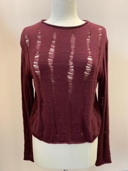 Womens, Pullover Sweater, ALEXANDER WANG, Red Burgundy, Wool, Solid, S, L/S, CN, Intentional Runs In The Knit