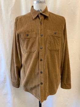 FIELD & STONE, Brown, Cotton, Corduroy, Collar Attached, Button Front, Long Sleeves, 2 Pockets