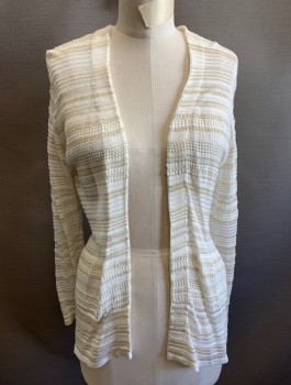 Womens, Sweater, JONES NEW YORK, Cream, Gold, Cotton, Stripes - Horizontal , S, Lightweight Ribbed Knit, Long Sleeves, Open at Front with No Closures