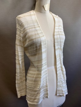 JONES NEW YORK, Cream, Gold, Cotton, Stripes - Horizontal , Lightweight Ribbed Knit, Long Sleeves, Open at Front with No Closures