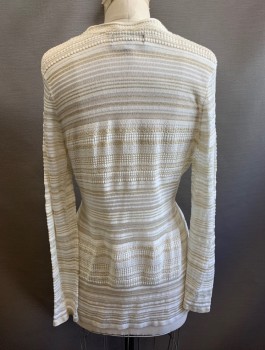 JONES NEW YORK, Cream, Gold, Cotton, Stripes - Horizontal , Lightweight Ribbed Knit, Long Sleeves, Open at Front with No Closures