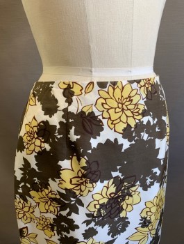 Womens, Skirt, Knee Length, ALFANI, White, Chocolate Brown, Butter Yellow, Silk, Floral, Sz.6, Darts At Waist, Straight Fit Through Hips, Vent At Back Hem, Invisible Zipper At Back Waist