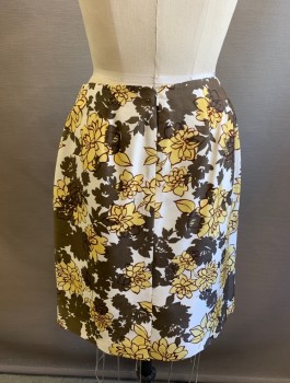 Womens, Skirt, Knee Length, ALFANI, White, Chocolate Brown, Butter Yellow, Silk, Floral, Sz.6, Darts At Waist, Straight Fit Through Hips, Vent At Back Hem, Invisible Zipper At Back Waist
