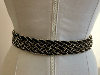 CARLA MARCHI, Black, Polyester, Basket Weave, Woven Velvet And Bright Gold Ball Chain, Velvet Covered Buckle And Keeper