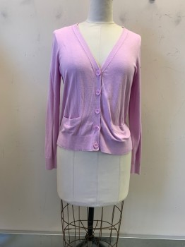 Womens, Sweater, HALOGEN, Lilac Purple, Cotton, Viscose, Solid, 1, V-N, Button Front, 2 Pockets,
