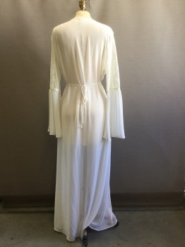 Womens, SPA Robe, JONQUIL, Cream, Nylon, Spandex, Solid, M, Peignoir, Solid Cream, Long Sleeves, Floral Lace/Mesh Netting Upper Sleeve, Gathered Large Lower Flutter Cuff, Floor Length Hem, Satin Attached Tie Front, Self Tie Back Waist From Side Seams, Doubles