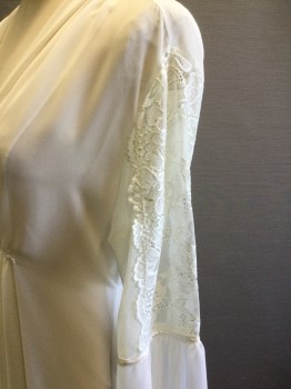 JONQUIL, Cream, Nylon, Spandex, Solid, Peignoir, Solid Cream, Long Sleeves, Floral Lace/Mesh Netting Upper Sleeve, Gathered Large Lower Flutter Cuff, Floor Length Hem, Satin Attached Tie Front, Self Tie Back Waist From Side Seams, Doubles